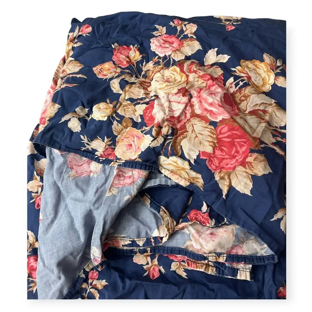 Vtg Ralph Lauren Winslow Full Flat Sateen Sheet Navy Blue With Roses Floral